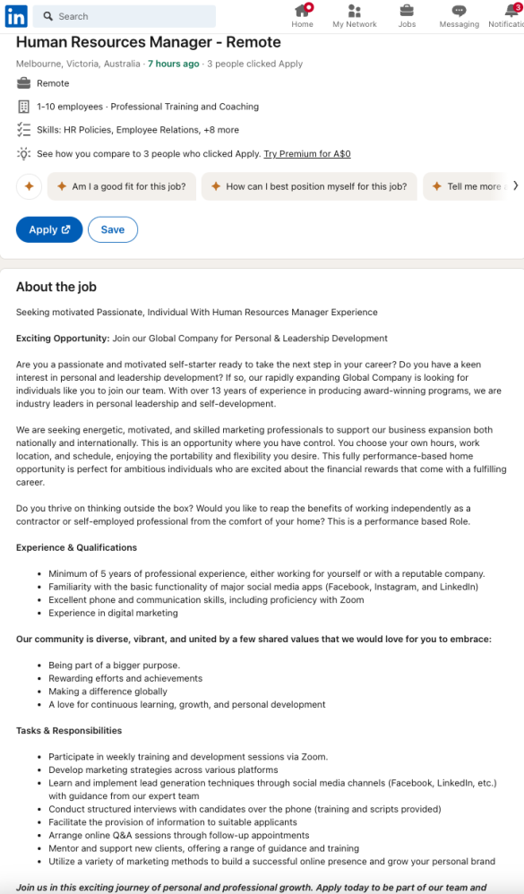 A 'job advertisement' on LinkedIn for Human Resources Manager that is really an MLM recruitment campaign.