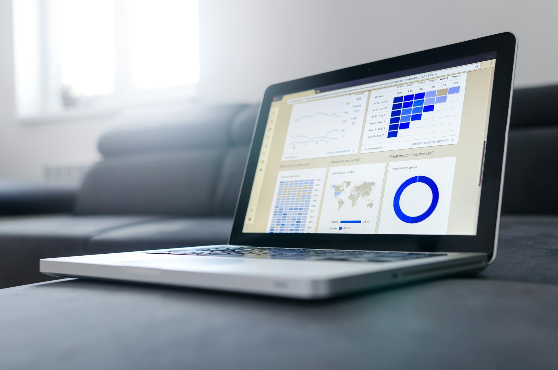 A laptop revealing Google Search Console, with performance graphs